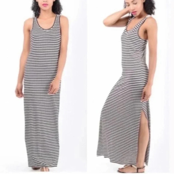 SAIL TO SABLE Striped Maxi Dress Navy Blue White Nautical Preppy Long Jersey - Picture 1 of 4